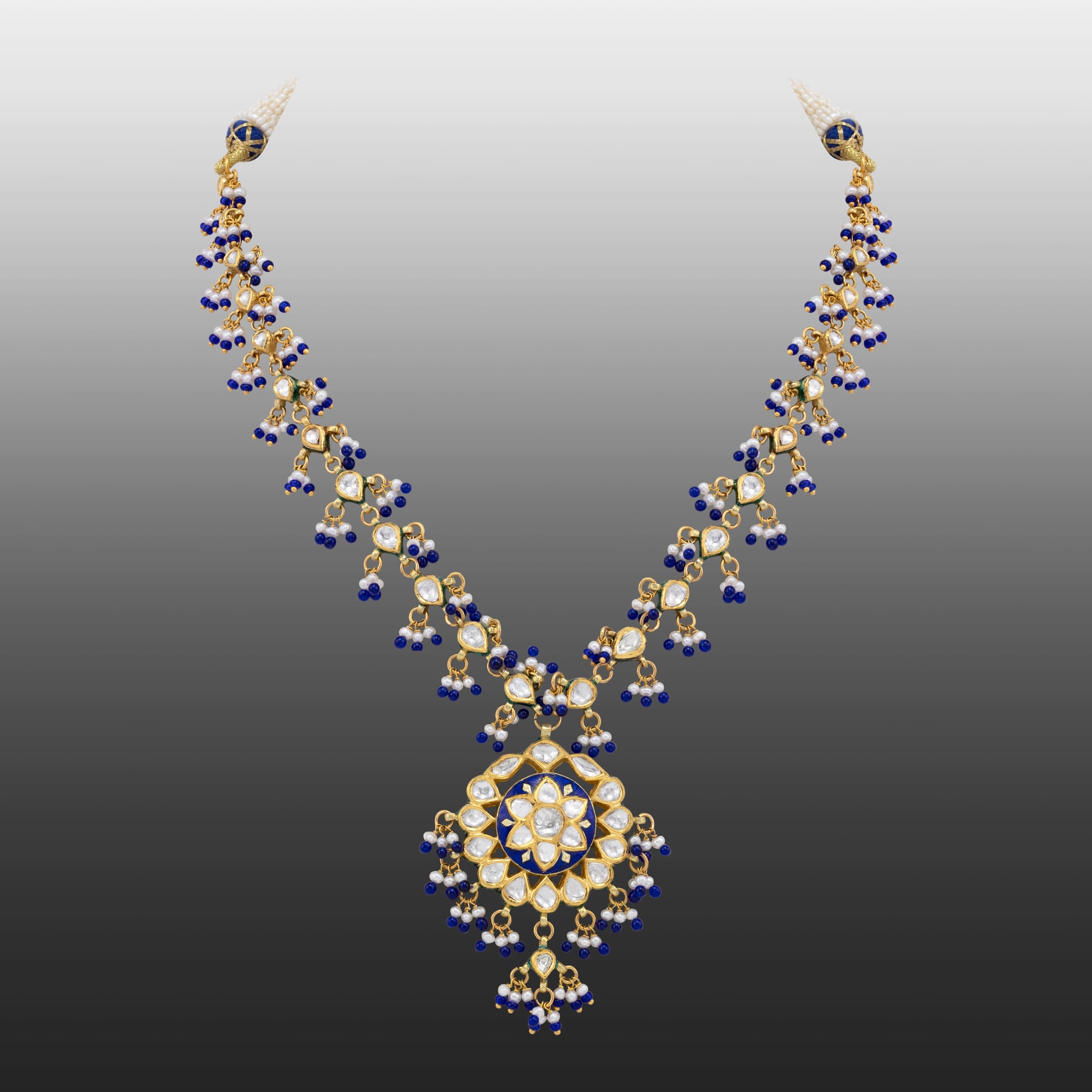 Blue Enamel Polki Necklace with Pearl and Bead Accents